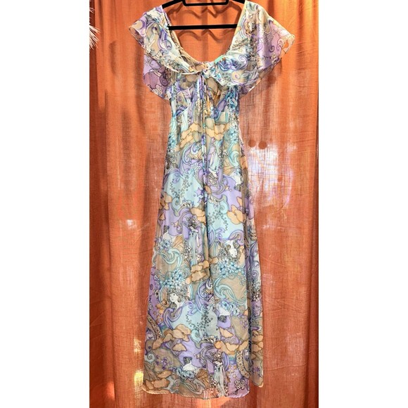 VTG 60 70s Lady Print Hostess Maxi Dress Floral Iris Stars boho fairy womens 5